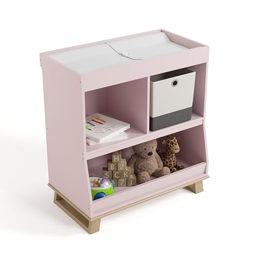 Image of Storkcraft Modern Nursery Changing Table Dresser (Blush with Driftwood) - GREENGUARD Gold Certified, Baby Dresser with Changing Table Top