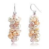Genuine Pink and White Cultured Freshwater Pearl Cluster Bead Crystal Dangle Hook Earrings 1.6''