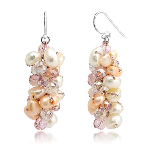 Genuine Pink and White Cultured Freshwater Pearl Cluster Bead Crystal Dangle Hook Earrings 1.6''