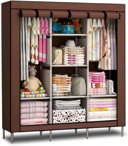 Image of Collapsible Wardrobe DIY Clothes Almira | Portable Foldable Closet Organizer | Brown Finish | Hanging Space & Storage Shelves | Fabric Wardrobe for Bedroom