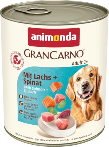animonda GranCarno Hunde Nassfutter mit Lachs + Spinat (6 x 800 g) getreidefreies Hundenassfutter ohne Zucker für ausgewachsene Hunde mit frischen fleischigen Zutaten
