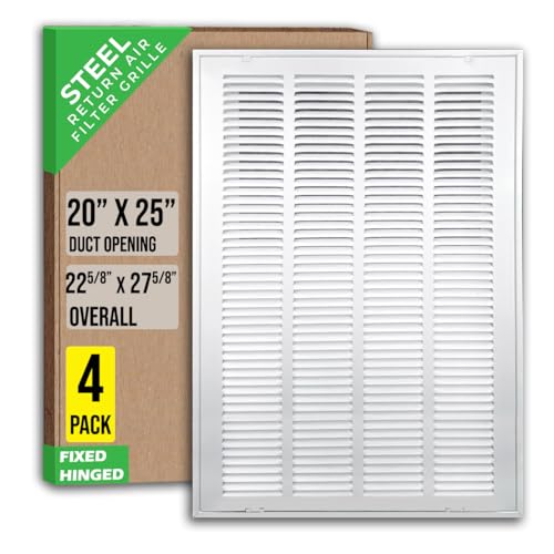 [4 Pack] Fits 20x25 Duct Opening | Steel Return Air Filter Grille by Handua [Fixed Hinged], Vent Cover Grill for Sidewall and Ceiling | White | Outer Dimensions: 22 5/8"W X 27 5/8"H