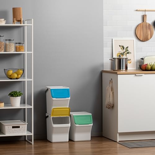 TATAY Recycling Kitchen Bin Easy Waste 20L | Set of 3 | Stackable Recycling Bins Modular Design | Click-Lid System | Integrated Carry Handle | Made from Recycled Material | 35x27x36 cm – White - Image 5