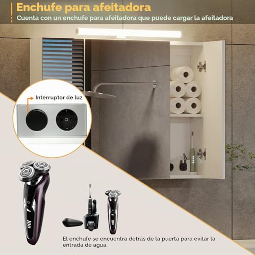 Miniatura 4 de Dictac Armario Con Espejo Baño Con Iluminación,Enchufe Y Interruptor 80x60x16cm Armario De Pared Con 3 Puertas Y Estantes Ajustable,Armarios Con Espejo Gran Capacidad De Almacenamiento,Blanco