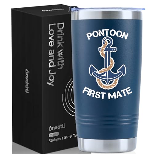 Onebttl Funny Pontoon Boat Gifts for Boat Owners, 20oz Stainless Steel Tumbler with Spill-Proof Lid and Straw, Gift Card & Box Included, Navy Blue - Pontoon First Mate