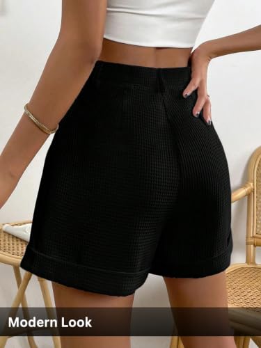 Image of Leriya Fashion Women's High Waist Tailored Shorts, Ribbed Poly Lycra Blend Summer Shorts with Pockets & Button Closure, Elegant Folded Hem Casual Wear for College, Brunch & Daily Outings