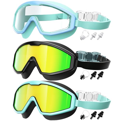 QALLY Kids Goggles Age 4-16, Anti-Fog UV 180°Clear View Kids Swim Goggles, 3 Pack Swimming Goggles Waterproof Pool Goggles for Boys Girls Toddler Kids Youth