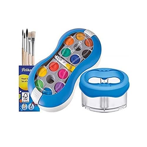 Pelikan Deckfarbkasten 735 SP/12 mit 12 Farben und 1 Tube Deckweiß/Starter (blau mit Space-Wasserbecher + Pinsel-Set), 7-teiliges