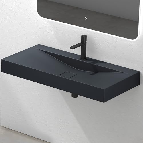 Mai & Mai Waschbecken Hängewaschbecken Aufsatzwaschbecken Mineralguss Anthrazit matt 1 Armaturenloch Rechteckig Breite: 100 cm Col810