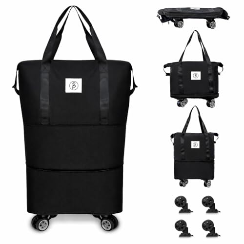 Image of Btag Travel Duffle Bag with Wheels | Convertible Handbag, Trolley & Shoulder Luggage for Clothes | Space-Saving Foldable Travel Companion | Expandable & Waterproof Traveling Bag for Unisex (Black)