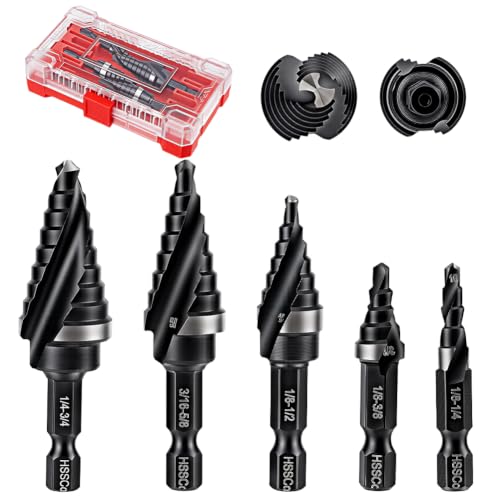 WHIMSTITCH 5 PCS HSS 2 Spiral Flute Step Drill Bits 1/8"-3/4"