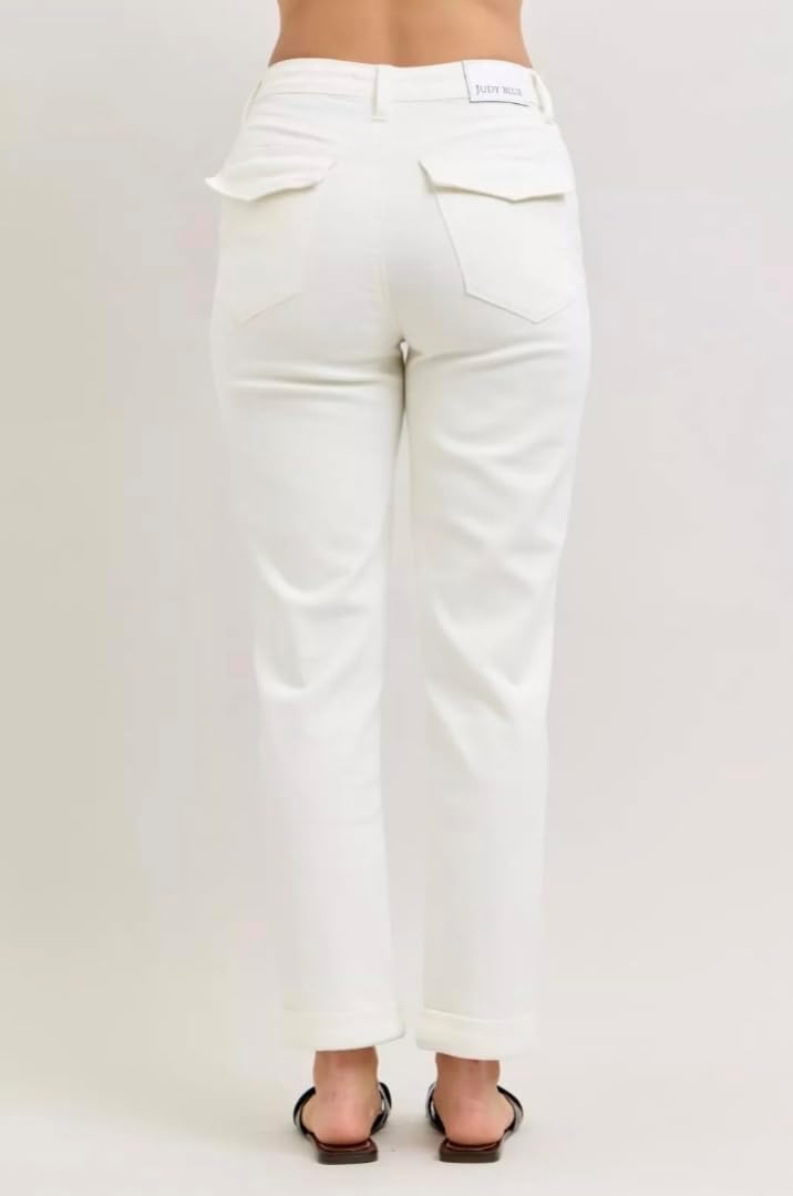 Judy Blue High Rise Slim Straight 28" Inseam Patch Pocket Jeans- Ivory Gem