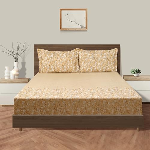 Image of Swayam Pure Cotton King Bedsheet with 2 Pillow Covers | Size 108 x 108 inch | 160 TC | Floral Design | Soft Breathable Bed Sheet | Comfortable & Durable for Bedroom - Brown