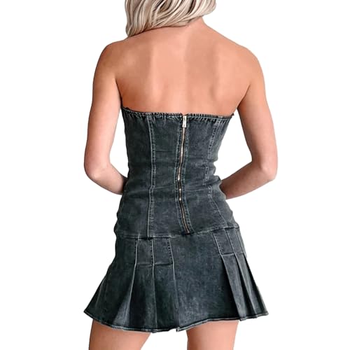 Image of Sexy Tube Denim Dress Corset Strapless Ruffled Hem Jean Mini Dress