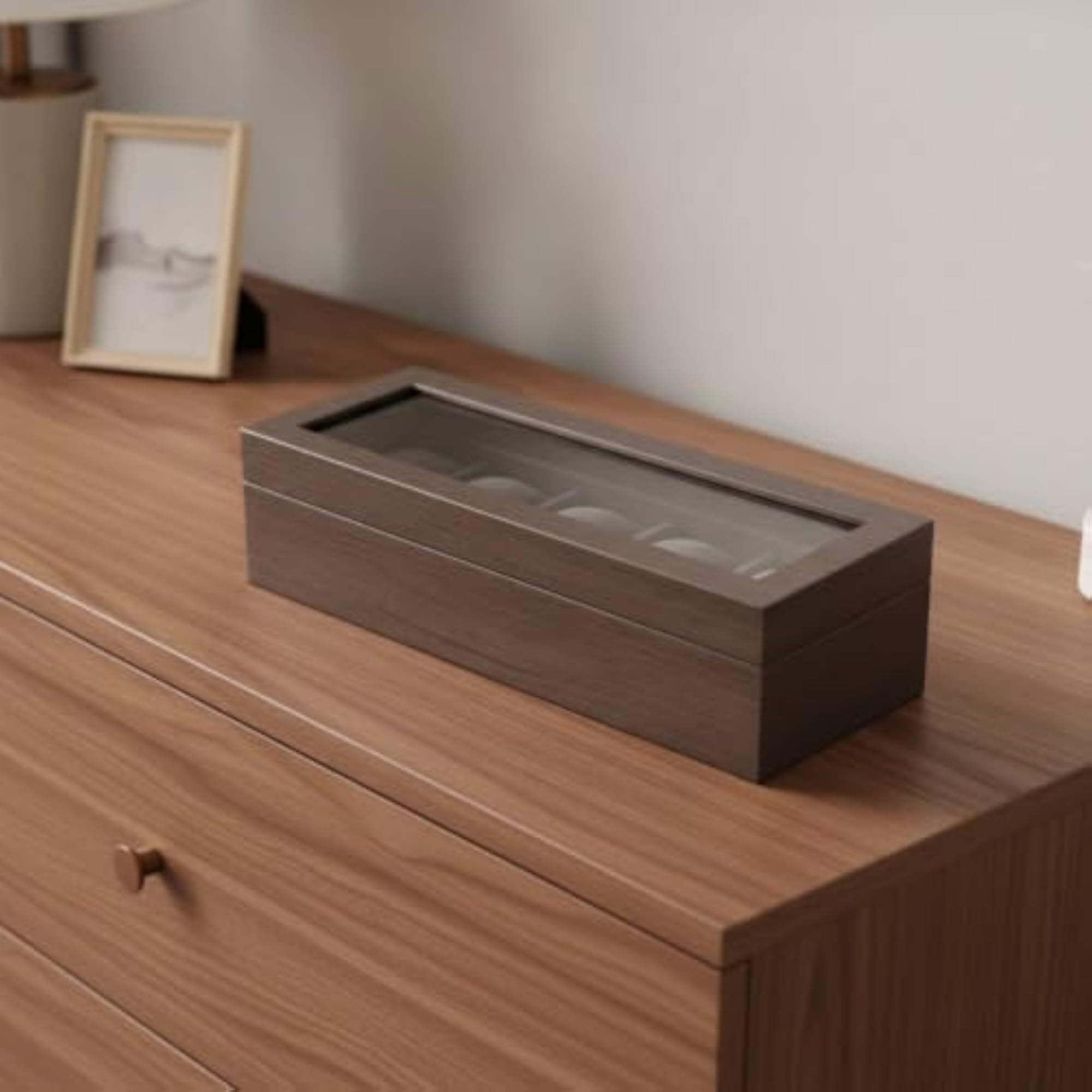 Wood-Grain Watch Display Case with Glass Lid