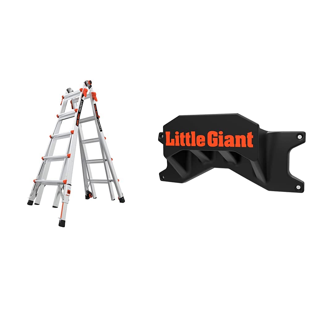 Little Giant Ladder Systems 15422-801 Velocity 22 Type IA w/Ratcheting Levelers Multi-Position Ladder, Ft, Aluminum with Little Giant Ladder Systems 15097 Ladder Storage Rack, Black/Orange