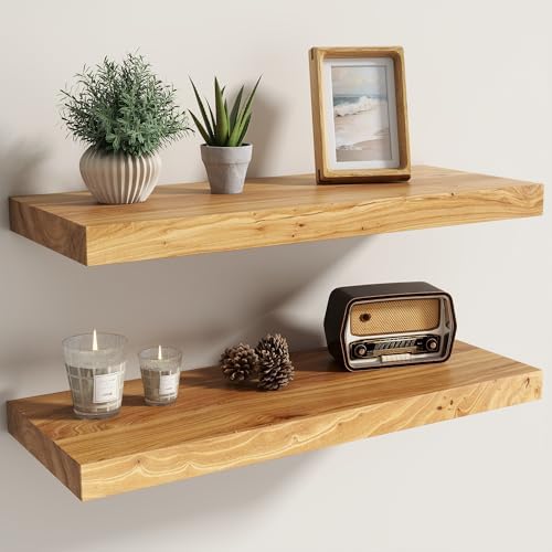 Fun Memories Floating Shelves for Wall, Solid Elm Wood 24 x 8 Inc...