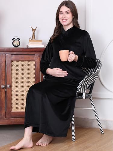 Image of Secret Wish Solid Velvet Maternity Nighty Full Length