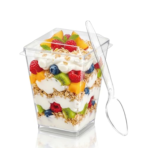 Hiasobre 5 Oz Plastic Dessert Cups With Lids And Spoons, 50 Pack