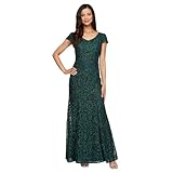 Alex Evenings Women's Long Rosette Mother of The Bride Dress with Short Sleeves, Wedding Guest (Petite and Regular Sizes), Hunter Green - Corded Lace, 6