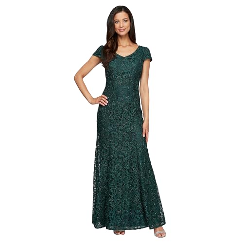 Alex Evenings Women's Long Rosette Mother of The Bride Dress with Short Sleeves, Wedding Guest (Petite and Regular Sizes), Hunter Green - Corded Lace, 14