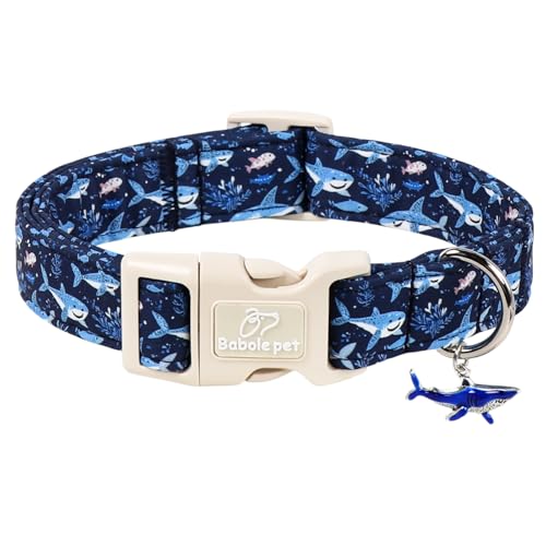 Babole Pet Blue Shark Dog Collar, Cute Boy Dog Collars for Large Dogs - Summer Ocean Pattern Female Male Dogs Collar, Durable Adjustable Pet Cartoon Collars with Quick Release Buckle L