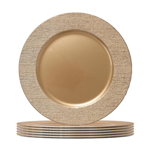 Argon Tableware Gold Charger Plates - 33cm - Dinner Set for 6 - Rib Design - Round Reusable Melamine Christmas Serving Dishes Large Dinnerware Christmas Plates Set for Party Celebrations, Weddings