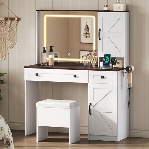 WLIVE Farmhouse Makeup Vanity Desk with Mirror and Lights, White Dressing Table with Charging Station, 2 Drawers and 2 Cabinets, Rustic Girls Vanity Set with Stool for Bedroom