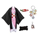 ZSTO Kamado Nezuko Costume for Children with Keychain,Anime Demon Slayer Cosplay Kimono Dress Suit Full Set (150) Pink