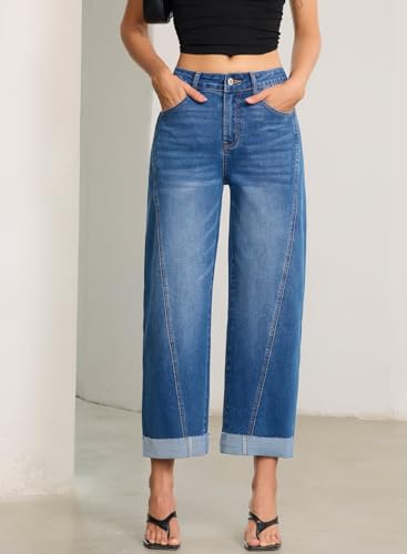 Image of Sidefeel Barrel Jeans for Women High Waisted Wide Leg Baggy Stretchy Trendy Raw Rolled Hem Capri Cropped Ankle Denim Pants