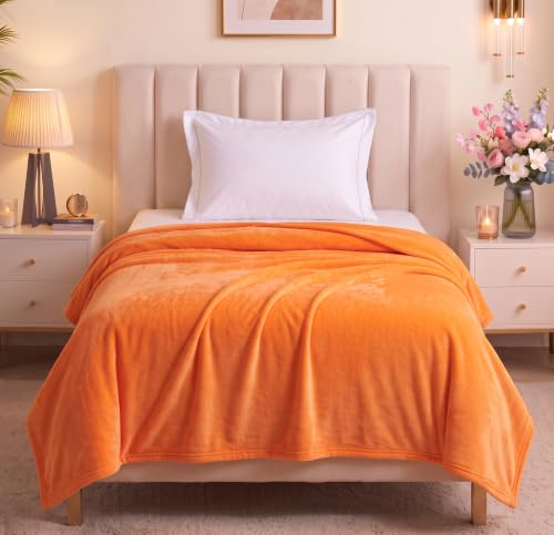 Image of BSB HOME Premium Flannel Blanket 280 GSM, Ultra Soft Plush & Cozy Warm Winter Blanket, Luxurious Single Bed Blanket for Adults, Elegant Solid Black Bedding, 90 x 61 Inches (230 x 155cm) - Burnt Orange