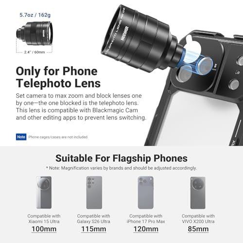 Image of NEEWER 3X Teleconverter for Phone Telephoto Lens Only, 360mm Equivalent, 12 Elements 6 Groups, 17mm Thread, Compatible with iPhone Android Samsung Xiaomi, Use with Phone Cage, Case & Tripod, LS-89