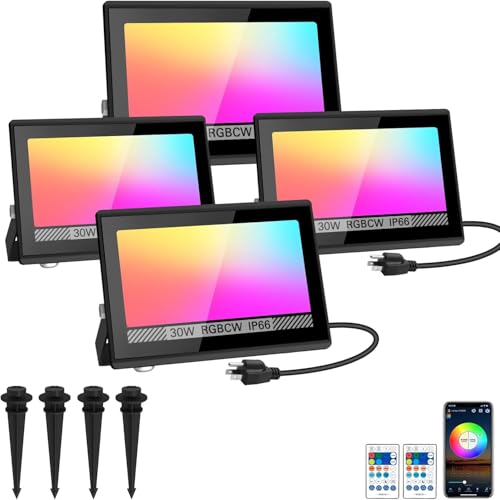 T-SUN Christmas LED Flood Light, 30W RGBCW Dimmable Outdoor Smart Lights, Color Changing LED Light with Remote & APP Control Waterproof Up Lights, Music Sync Stage Spot Light for House, Party (4 Pack)