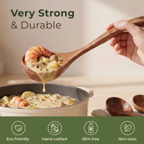 Image of Wooden Ladle for Soup, 3 Large Size Teak Wood Ladle Spoon Set