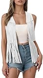 Maeau – Chaleco de mujer sin mangas falso ante con flecos casual chaqueta sin botones estilo vaquero S-XXL, blanco, M