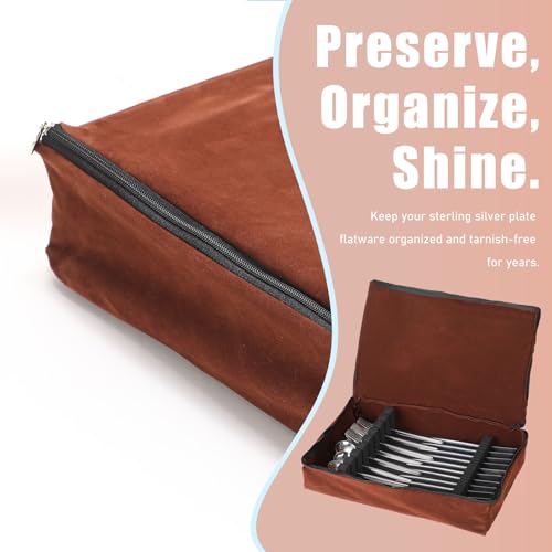 Teenyyou Zippered Flatware Storage Drawer Liner Silverware Storage Bag Tarnish Preventative Silver Organizer Cutlery Case Container Box Large Capacity Silverware Chest 15.75\" x 11.02\" x 3.94\" (Brown)