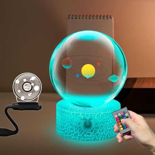 Yan-tech 3D Crystal Ball with Solar Model Multicolor Night Light Clear 80mm Glass Ball with LED Lamp Base for Teacher of Physics Classmates Remote Control Dimming Table Lamp Decor Gifts