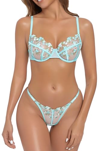 Image of Lingerie Sexy Bra and Panty Set for Women See Through Sheer Underwear Cute Exotic Floral Embroidery Babydoll Set