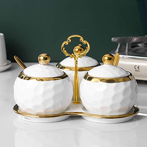 Bihoib Golf Porcelain Sugar Bowl Condiment Pot Salt Container With Lid, Spoon And Tray, Set Of 3, Modern Spice Box Seasoning Jar, White And Gold #TOP2
