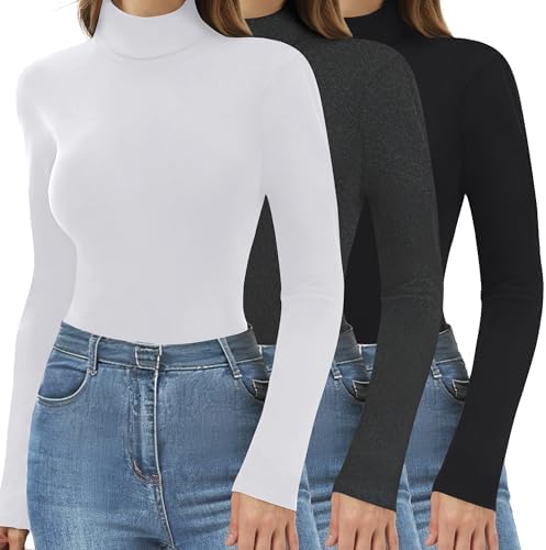 3 Pack Thermal Turtlenecks Long Sleeve Shirts for Women Black Base Layer Tops Slim Fit Winter Clothes