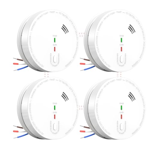 Andyssey GS517A Wired Smoke Alarm Mains powered, Interlinked Mains Smoke Detector 1 Year Replaceable Battery Back-up, Fire Alarm with Silence Button, EN 14604 Standard (4-PACK)