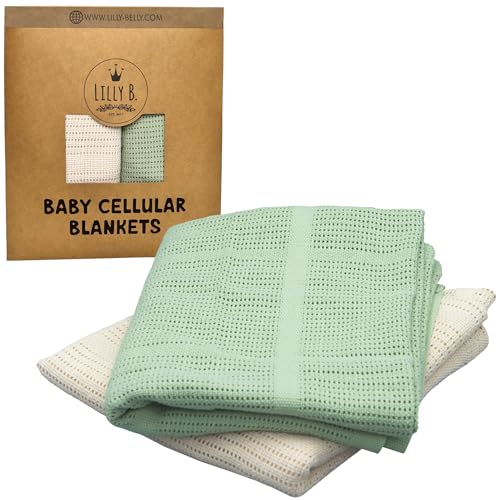 Lilly Belly Pack of 2 Cellular Blankets Baby | 100% Pure Organic Cotton Baby Blanket - 70 x 90 cm | Warm & Cosy Baby Blankets | Baby Blanket for Newborn | Perfect for Pram/Travel/Moses Baskets.