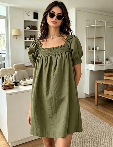 Image of Huaqiao Womens Summer Mini Dress 2026 A-Line Square Neck Puff Sleeve Beach Sundress Casual Short Dress with Pockets