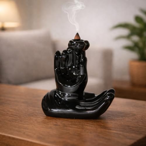 Image of CraftVatika Home Decoration Items for Home, Backflow Incense Burner Hand Shape Ceramic Incense Holder for Meditation Yoga Pooja, Zen Aromatherapy House Decor Showpiece Gift Item for Living Room Office