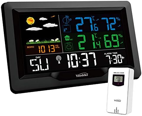 Youshiko YC9442 ( Official 2023 UK Version ) Wireless Weather Station, Radio Controlled Clock , Indoor Outdoor Temperature Thermometer, Humidity, Barometric Pressure, Ice Alert