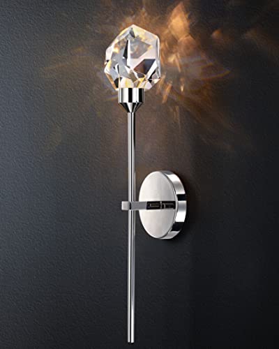 Untrammelife 1-Light Wall Sconce Lighting, Modern Crystal Indoor Wall Sconce in Polished Nickel Finish 3 Color Temperatures 8W Dimmable LED Wall Mounted with Long Arm for Bathroom Vanity Bedroom