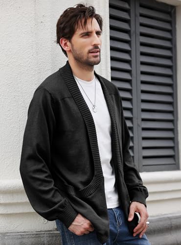 Men's Shawl Collar Long Sleeve Cardigan Knit Open Front with Pockets2