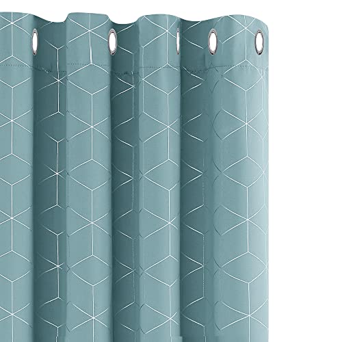 Deconovo Lot de 2 Rideaux Thermique Isolant Occultants a Oeillets Anti Froid avec Motif Argente Bleu Ciel 132x229cm