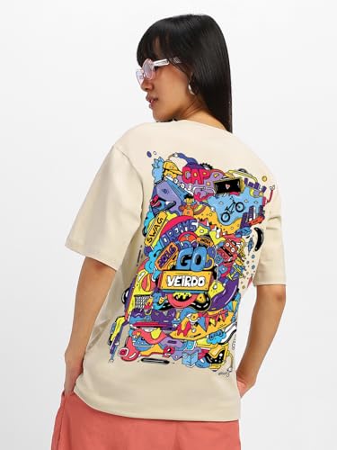 Image of Veirdo Pure Cotton Round Neck Oversized Baggy Fit Stylish Front & Back Graphic Printed Half Sleeve Boyfriend T-Shirt for Women (Color Options- Black, Orange, Royal Blue & Lilac)
