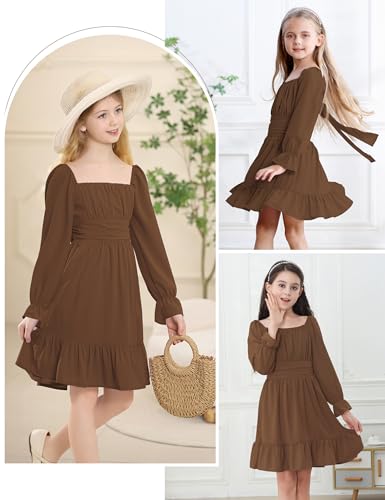 Durio Girls Dresses for Teens Girls Tie Back Off Shoulder Dress Cute Long Sleeve Dress Easter Kids School Party Dance Dresses4